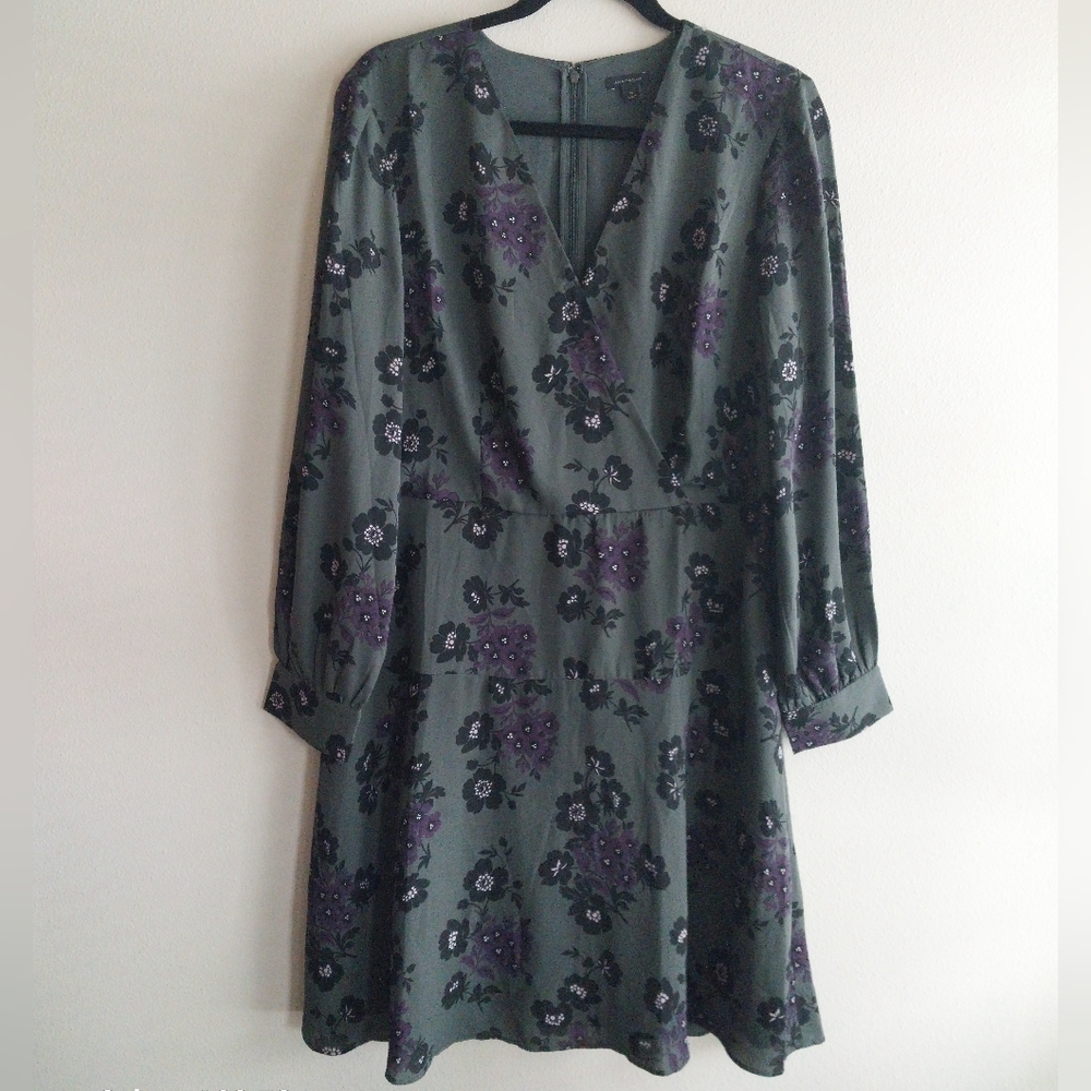 Ann Taylor Gray and Purple Dark Floral A-Line Long Sleeve Faux Wrap Midi Dress